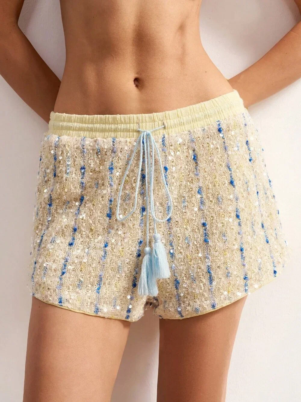 Yellow Party Women's Casual Boho Sequin Knit Beaded Loose Shorts Beach